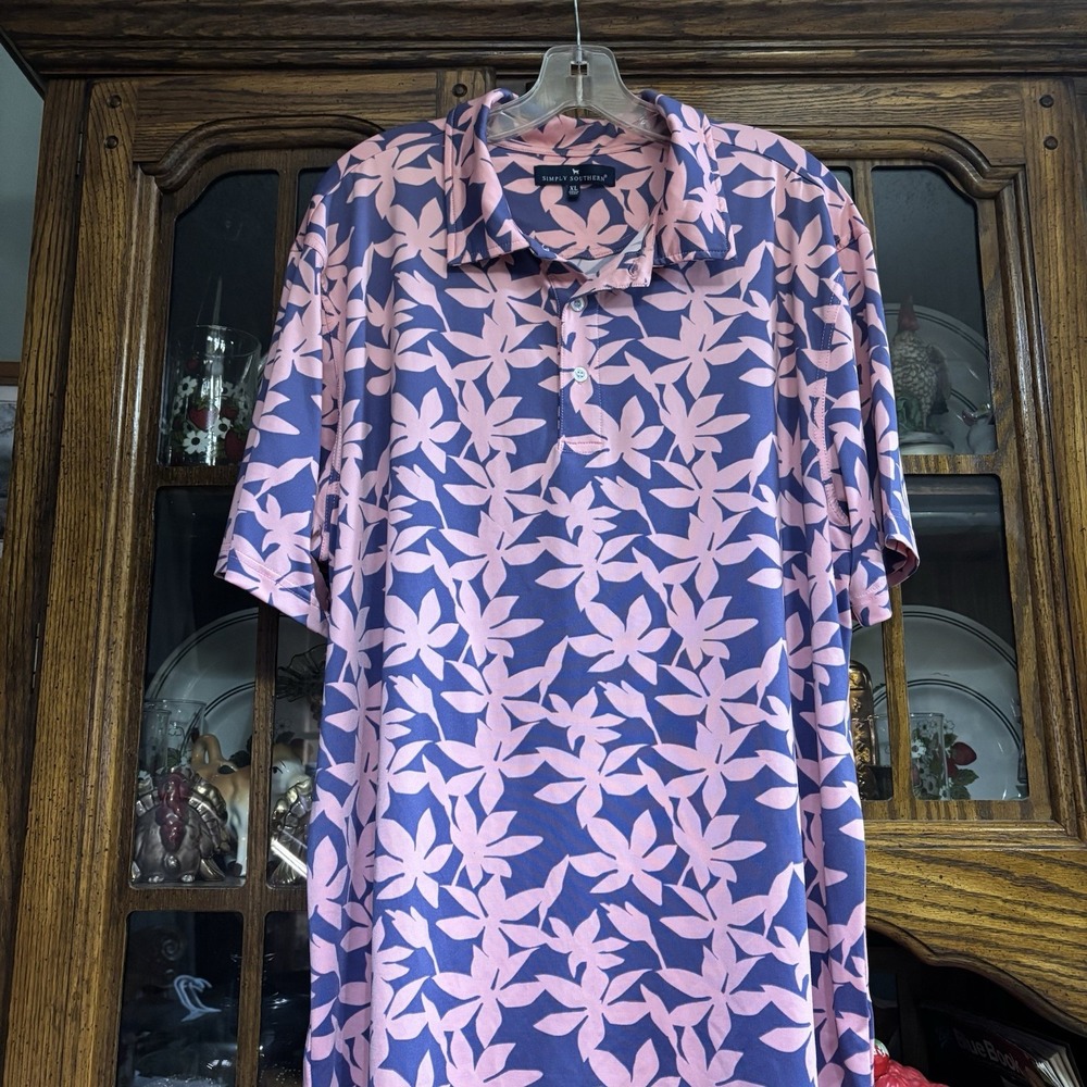 Simply Southern‎ Men's Polo Short Sleeve Shirt, Collar XL Floral Print Pink Blue